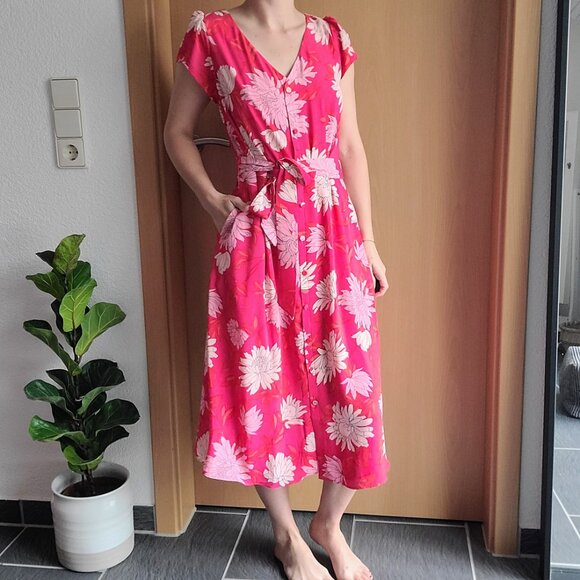 Talbots Pink Floral Chrysanthemum Belted Button Front Midi Shirt Dress 8 Petite - Picture 4 of 16